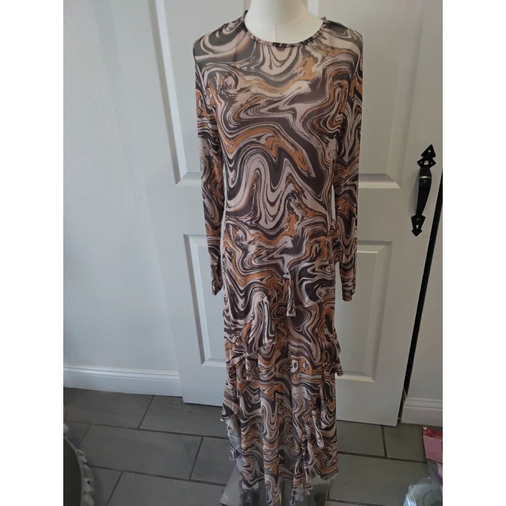 Easel Los Angeles Brown Marble‎ Mesh Ruffle Maxi Dress Long Sleeve Medium NWT